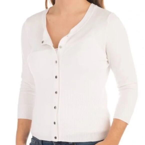 White House Black Market Sweaters - WHBM 3/4 Sleeve White Cardigan Silver Snap Buttons Size Medium